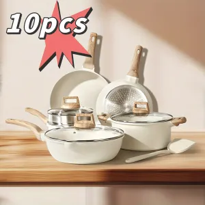 10-Piece Nonstick Granite Cookware Set – White Frying Pan, Saute Pan, Casserole, Saucepans & More