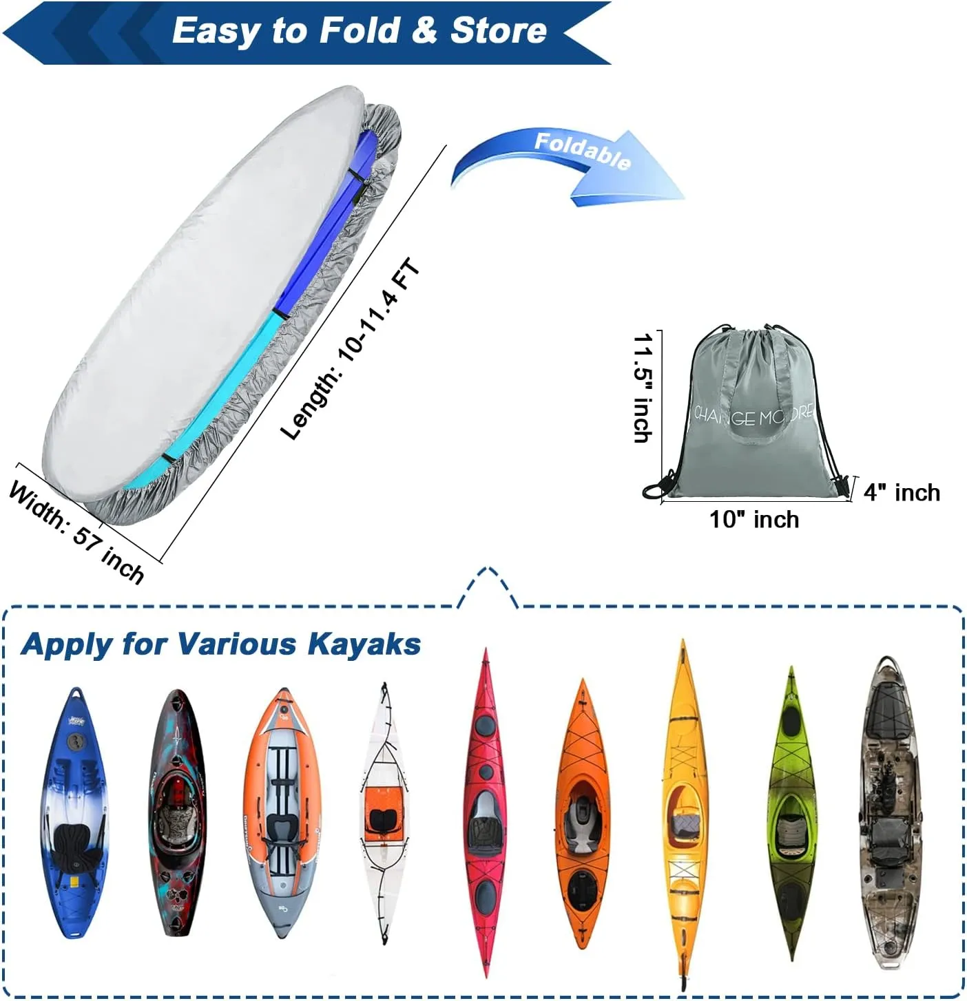 100% Waterproof Canoe Covers, Kayak Cover 10 ft 11 ft with 5 Straps for Heavy Wind, Dust & UV Protection, Kayak Storage Cover for Fishing Kayak Canoe Paddle Board 10-11.4 ft