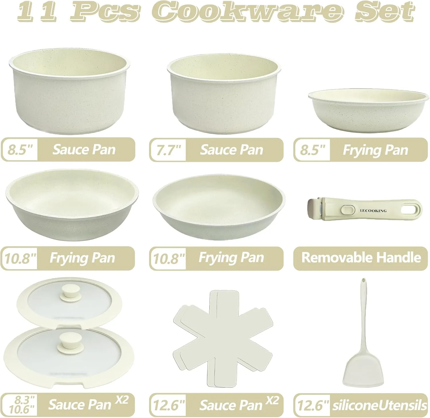 11 PCS Pots and Pans Set With Removable Handles White Non Stick Cookware Set, Induction&Gas Stove Compatible, Dishwasher Safe.