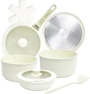 11 PCS Pots and Pans Set With Removable Handles White Non Stick Cookware Set, Induction&Gas Stove Compatible, Dishwasher Safe.