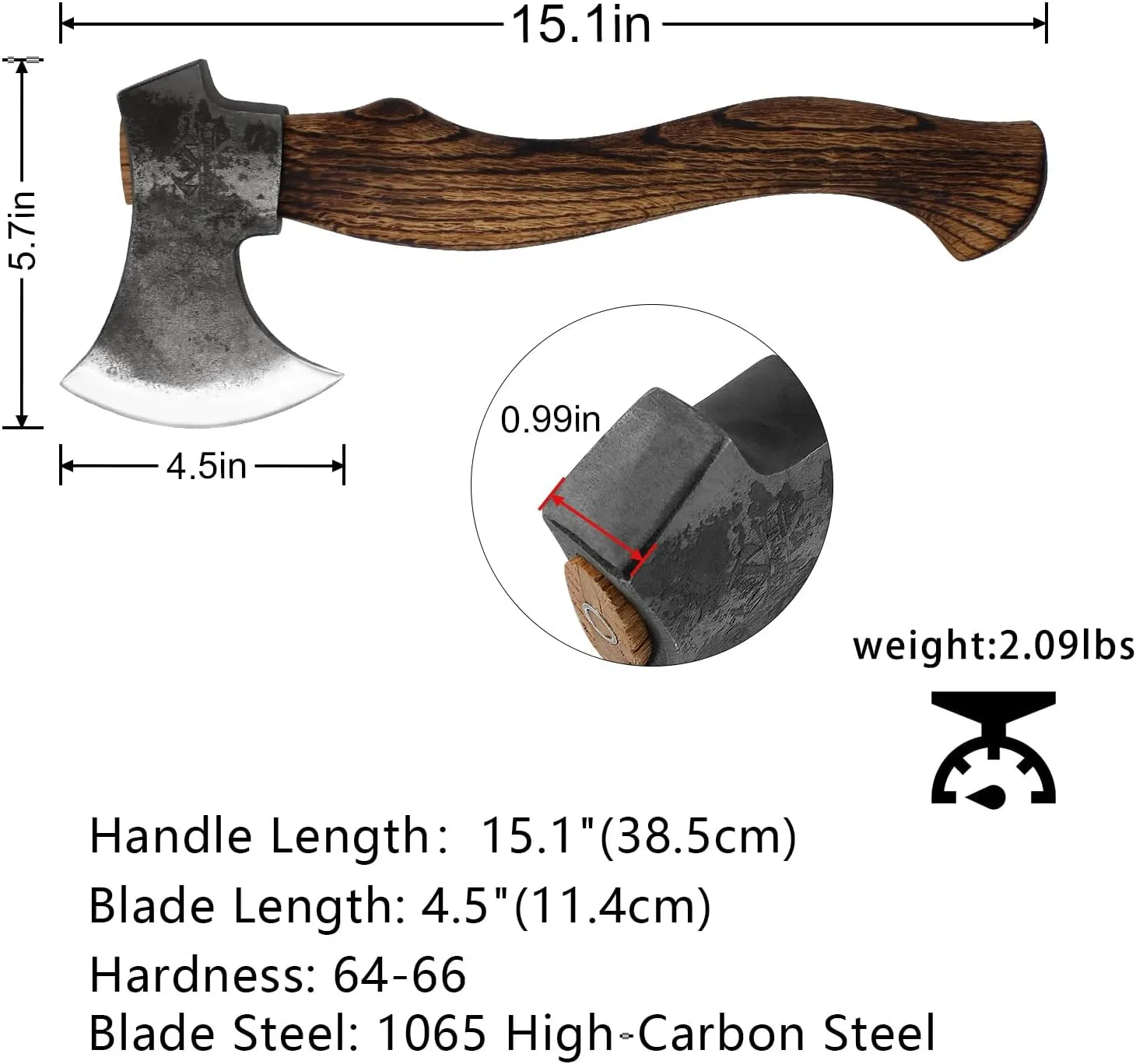 15.1" Hatchet, Camping Axe with 1065 Carbon Steel and Beech Handle, Hand Forged Bushcraft Axe with Leather Sheath for Camping and Survival