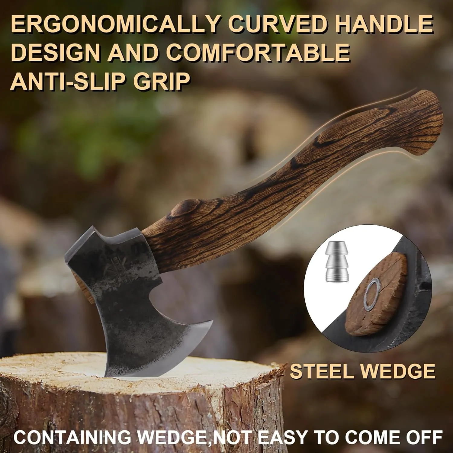 15.1" Hatchet, Camping Axe with 1065 Carbon Steel and Beech Handle, Hand Forged Bushcraft Axe with Leather Sheath for Camping and Survival
