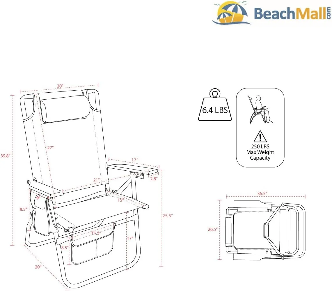 17 Inches High Off Ground 4 Reclining Position Tall Beach Chair for Adults