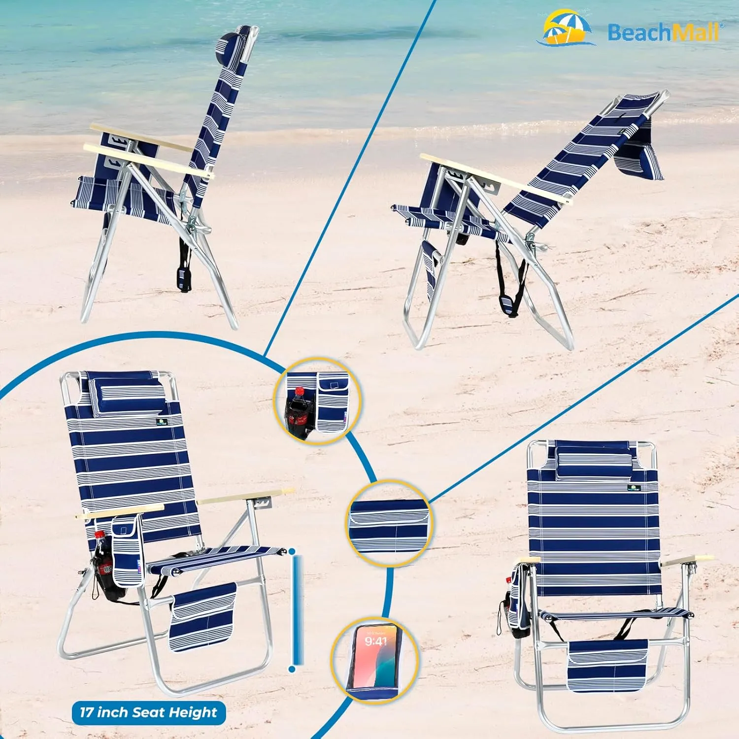 17 Inches High Off Ground 4 Reclining Position Tall Beach Chair for Adults