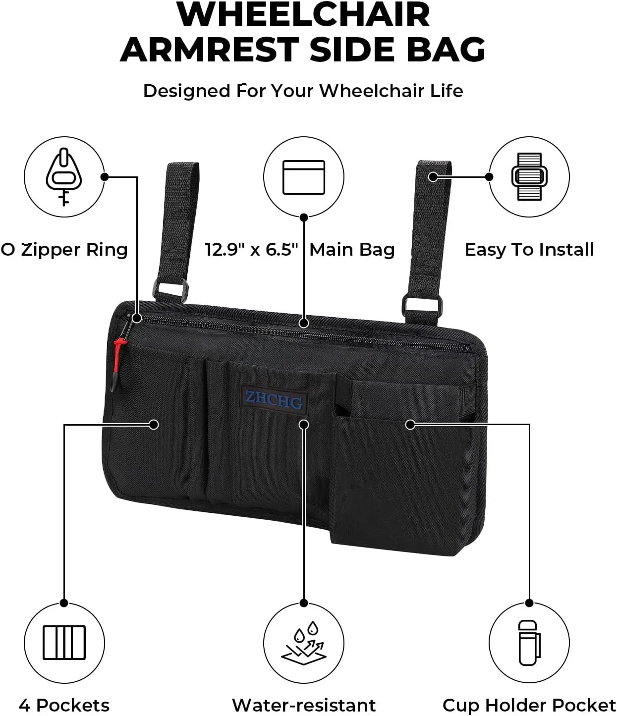 2 Pack Wheelchair Side Bag with Cup Holder, Wheelchair Armrest Pouch Accessories for Walker, Rollator, Electric Scooter Wheelchairs, Ideal Gift for Mother's Day & Father's Day