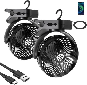2 Pcs Portable Camping Fan with LED Lantern and Hook, Rechargeable Portable Fan 3 Speeds Battery Powered Fan Clip on Fan for Bed 5000mah USB Small Desk Fan Tent Fan for Camping Car, Black