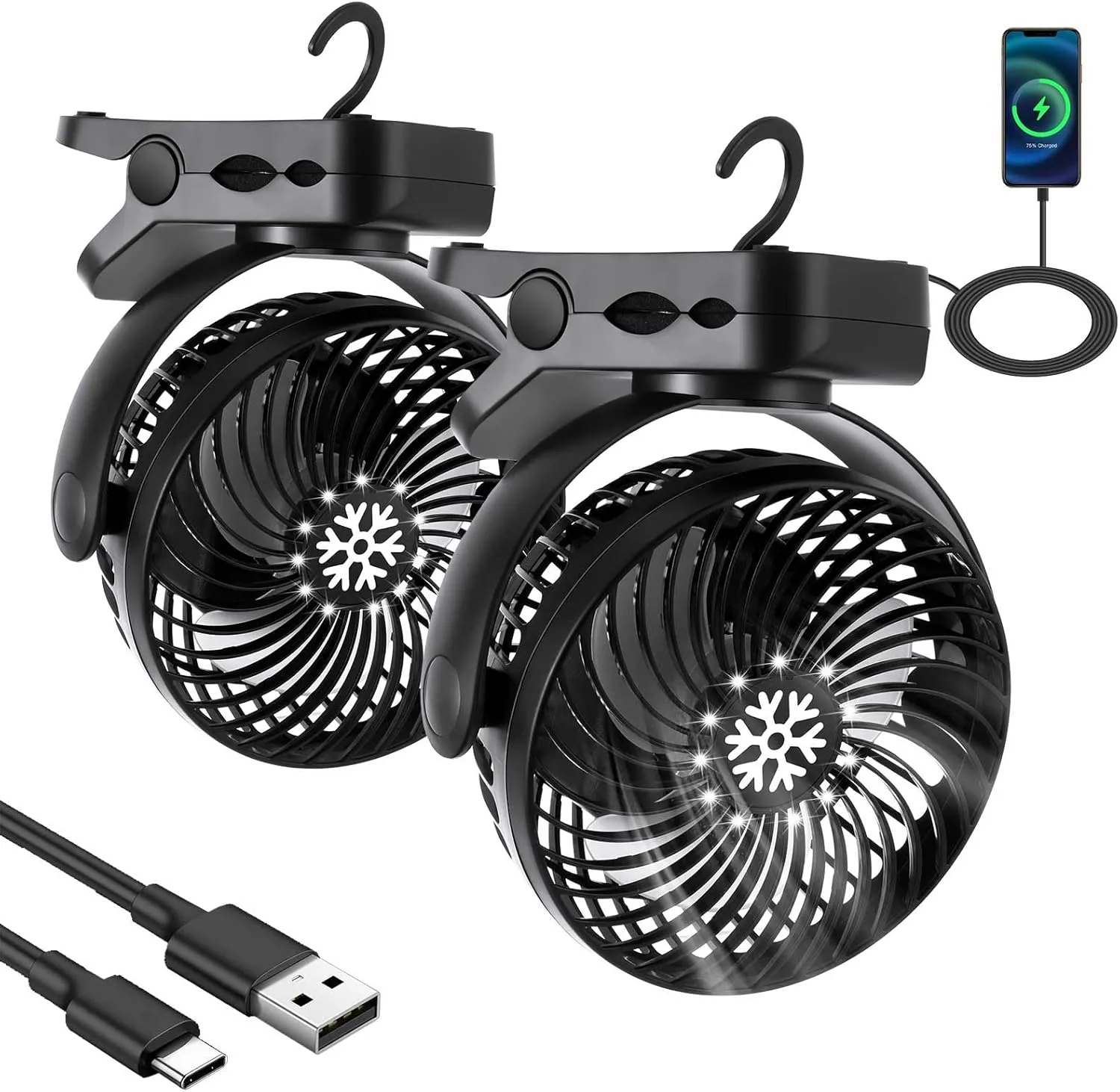2 Pcs Portable Camping Fan with LED Lantern and Hook, Rechargeable Portable Fan 3 Speeds Battery Powered Fan Clip on Fan for Bed 5000mah USB Small Desk Fan Tent Fan for Camping Car, Black