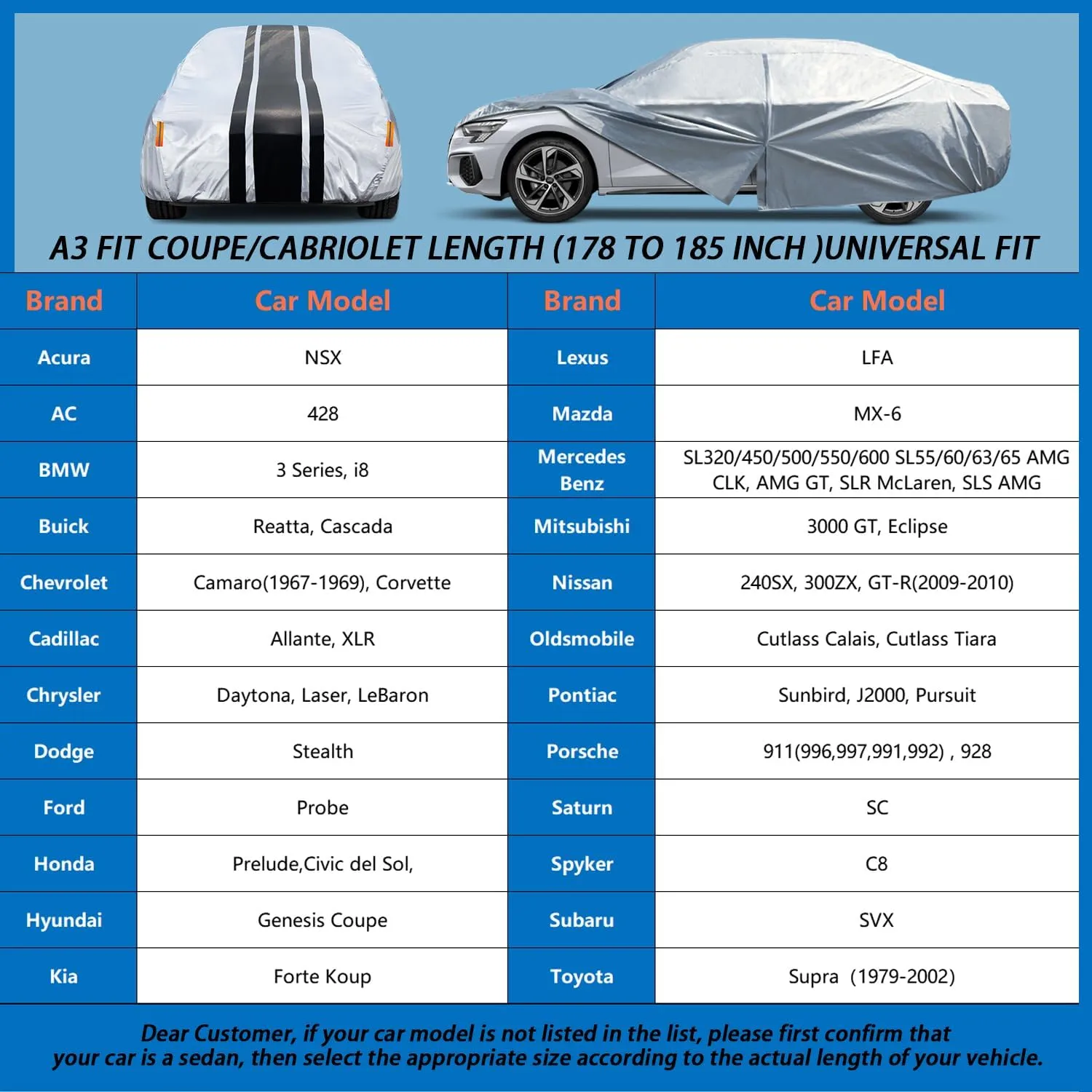 [2024 Upgrade] 10-Layer Waterproof Sports/Coupe/Cabriolet Car Cover. All Weather Full Outdoor Covers. Porsche 911, Chevy Corvette Camaro, Acura NSX Etc.Size A3 (Length 178 to 185 inch)