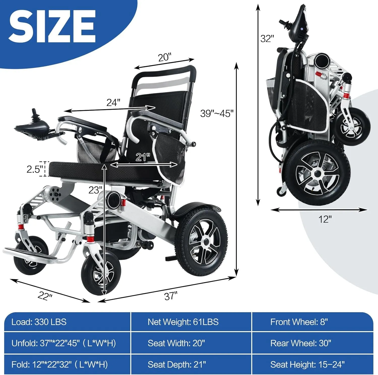 30 Miles Long Travel Range with 2 Lithium Batteries - Electric Wheelchairs for Adults,All Terrain Folding Motorized Wheelchairs for Seniors Support 330 lbs,Airline Approved Travel Power Chair
