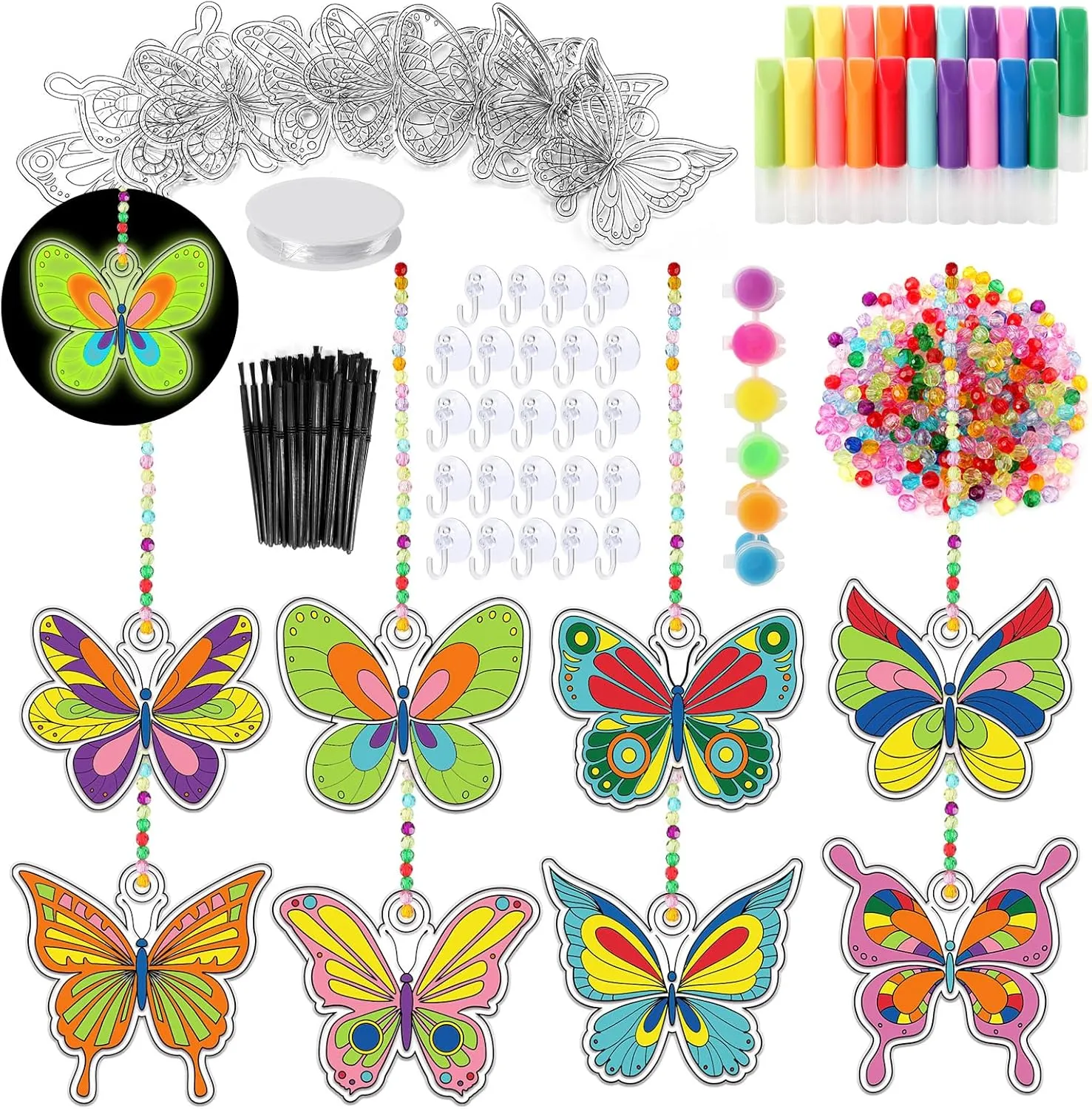 32 Sets Butterfly Spring Suncatchers Ornaments Decorations DIY Window Paint Art Painting Craft Kits DIY Sun Catchers Easter Spring Summer Party Activities Art Project (Butterfly)