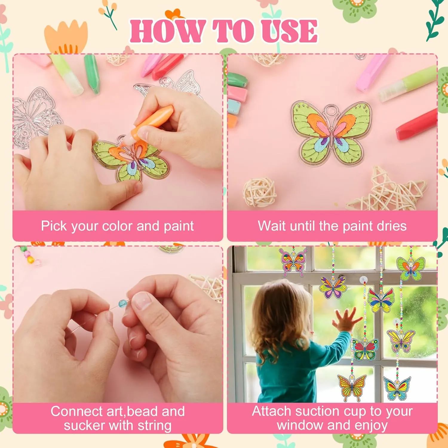32 Sets Butterfly Spring Suncatchers Ornaments Decorations DIY Window Paint Art Painting Craft Kits DIY Sun Catchers Easter Spring Summer Party Activities Art Project (Butterfly)
