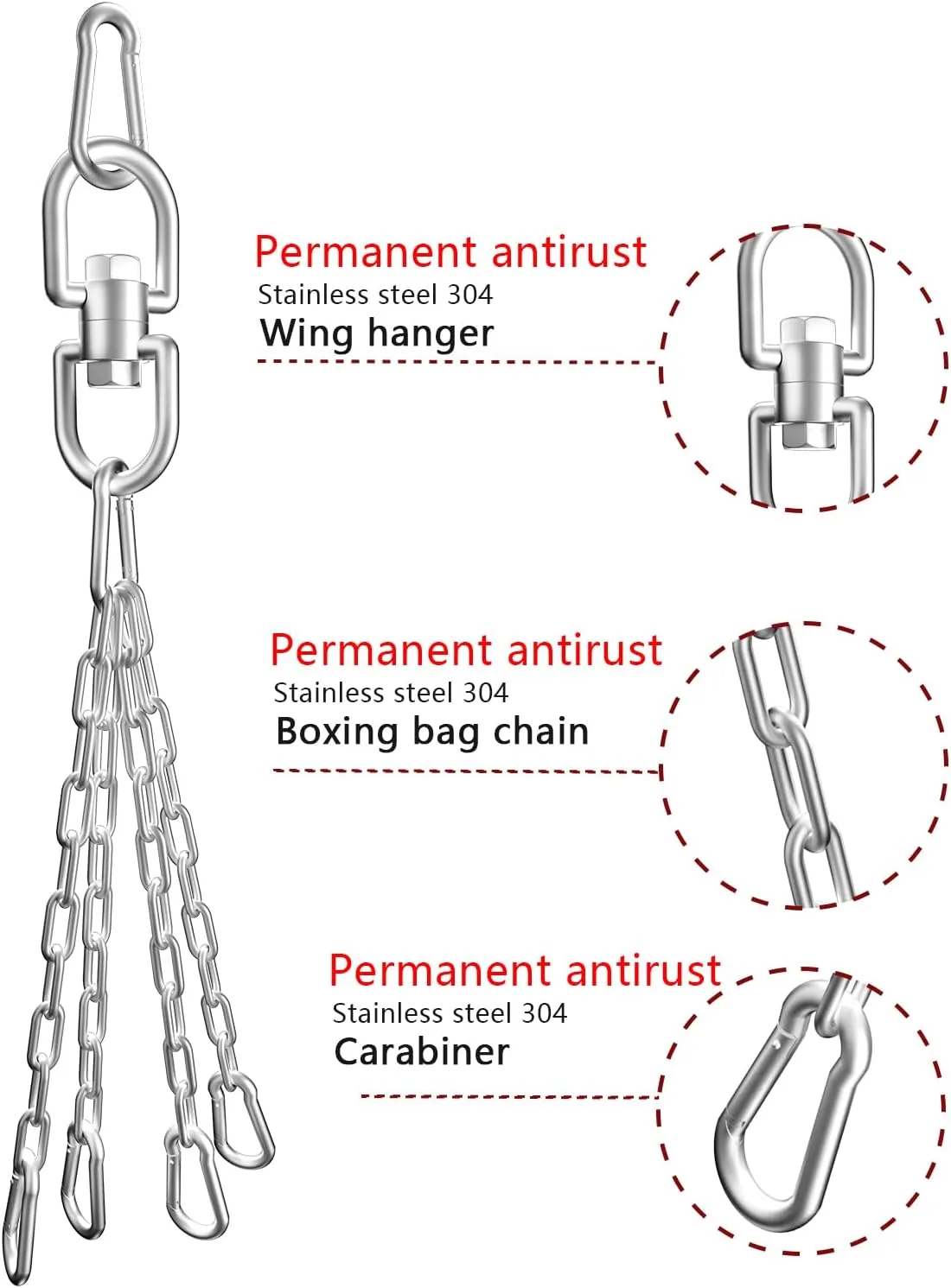 360 Rotation Heavy Bag Chain, Punching Bag Hanger With Stainless Steel Swivel Chain and 4 Snap Hooks, Mount for Hammock, Gym Swing, Yoga Swing, Trapeze