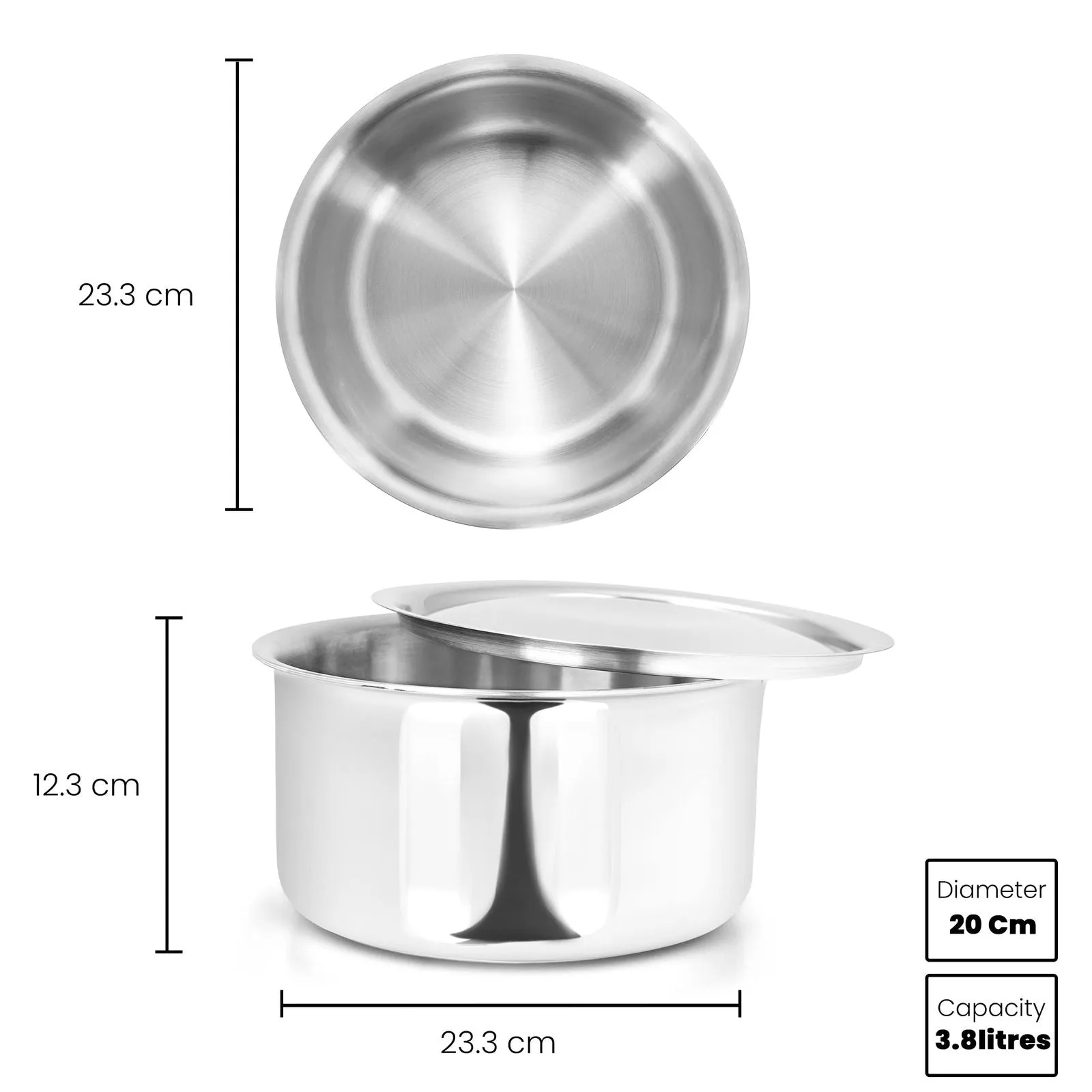 3.8L Allo CookSafe TriPly Tope | Stainless Steel | With Stainless Steel Lid | Induction Friendly | Naturally Non-stick | 20cm