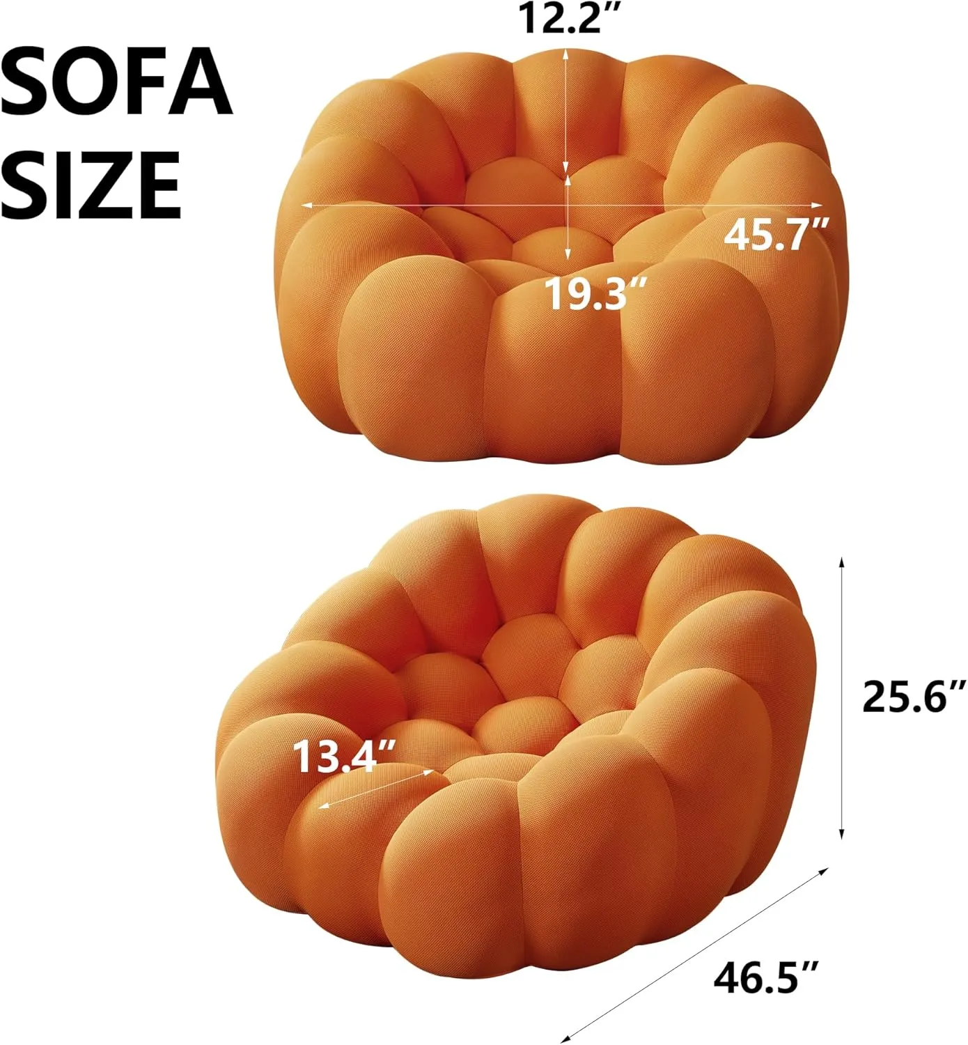 47'' Bubble Couch, Morden Lazy Sofa, High-Density Foam Sofa, Upholstered Mesh Fabric Floor Couch Lounge Chair, Comfy Lounge for Living Room Bedroom (Orange)