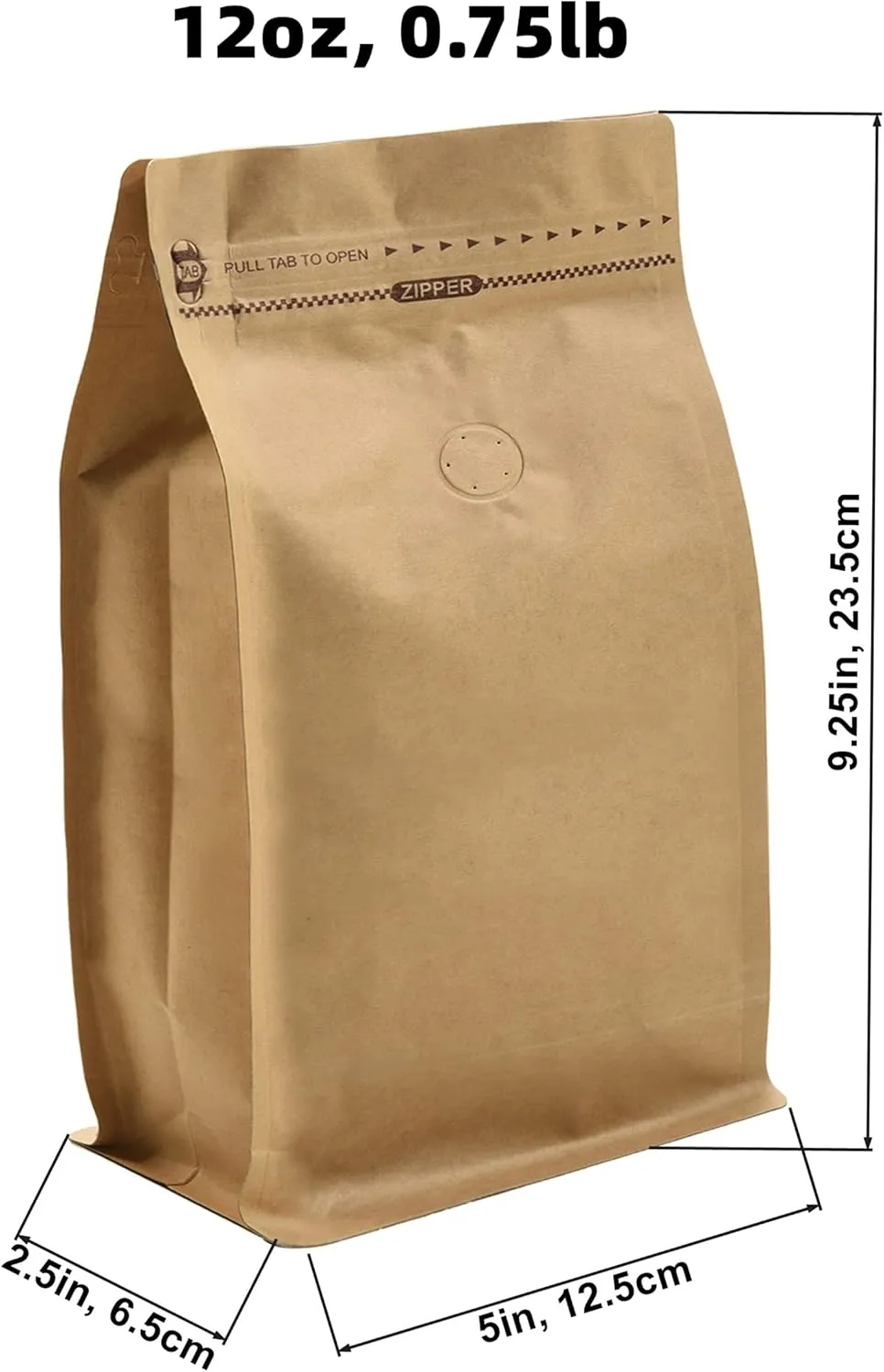 50 Pieces 12 Ounce Kraft Paper Stand Up Coffee Bag/Flat Bottom Pouch with Air Release Valve and Reusable Side Zipper. (50pcs, ¾lb/12oz/340g)