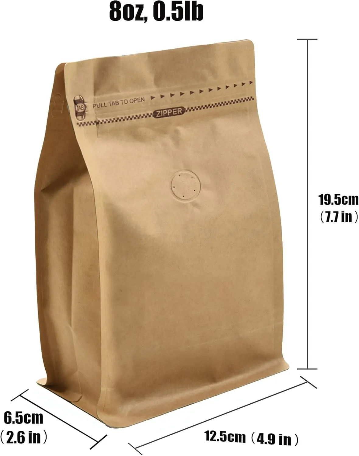 50 Pieces 8 Ounce Kraft Paper Stand Up Coffee Bag/Flat Bottom Pouch with Air Release Valve and Reusable Side Zipper. (50pcs, ½lb/8oz)