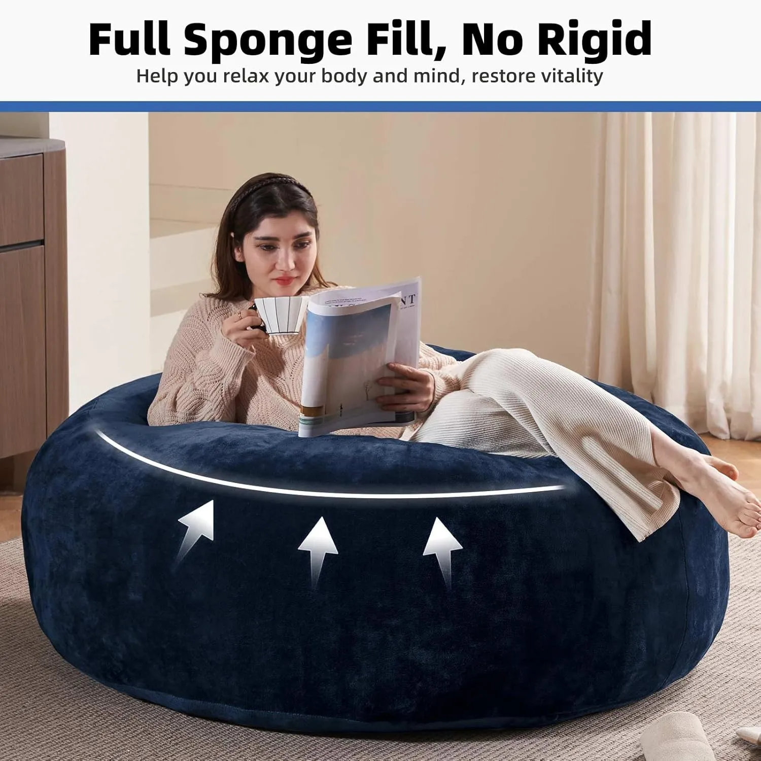 5FT，bean bag chairs for adults，bean bag with filler included，memory foam chair，Soft flannel washable cover, ideal reading chair for bedroom and dormitory.(Blue)