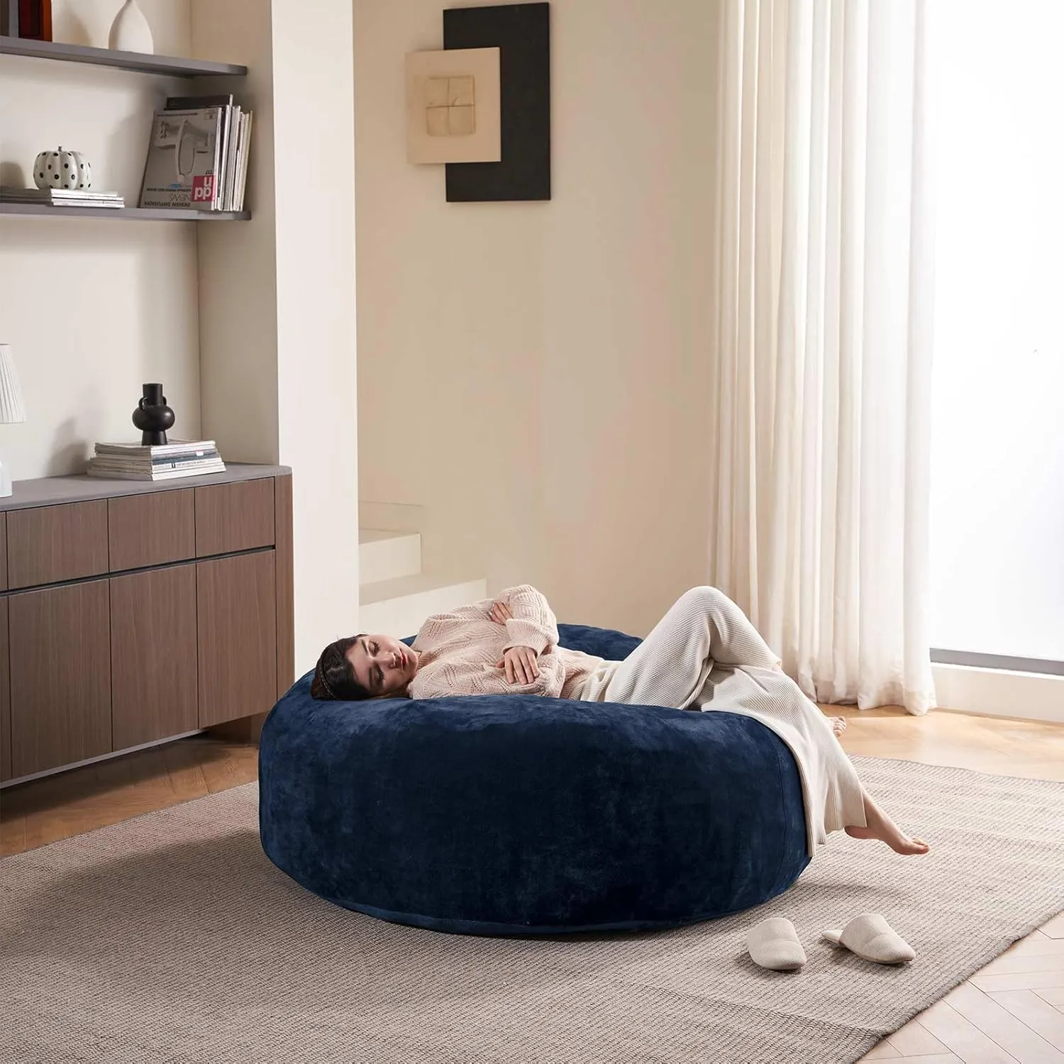 5FT，bean bag chairs for adults，bean bag with filler included，memory foam chair，Soft flannel washable cover, ideal reading chair for bedroom and dormitory.(Blue)