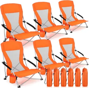 6 Packs Low Beach Chairs Portable Folding Beach Chairs for Adults with Cup Holder Carry Bag Low Back Camping Chair Lightweight Folding Lawn Chairs for Outdoor Sand Travel Concert (Orange)