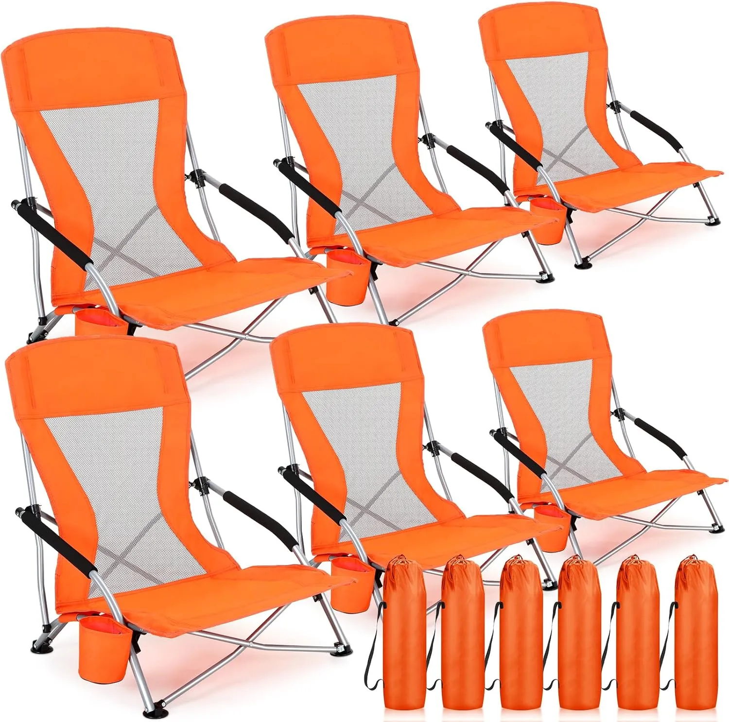 6 Packs Low Beach Chairs Portable Folding Beach Chairs for Adults with Cup Holder Carry Bag Low Back Camping Chair Lightweight Folding Lawn Chairs for Outdoor Sand Travel Concert (Orange)