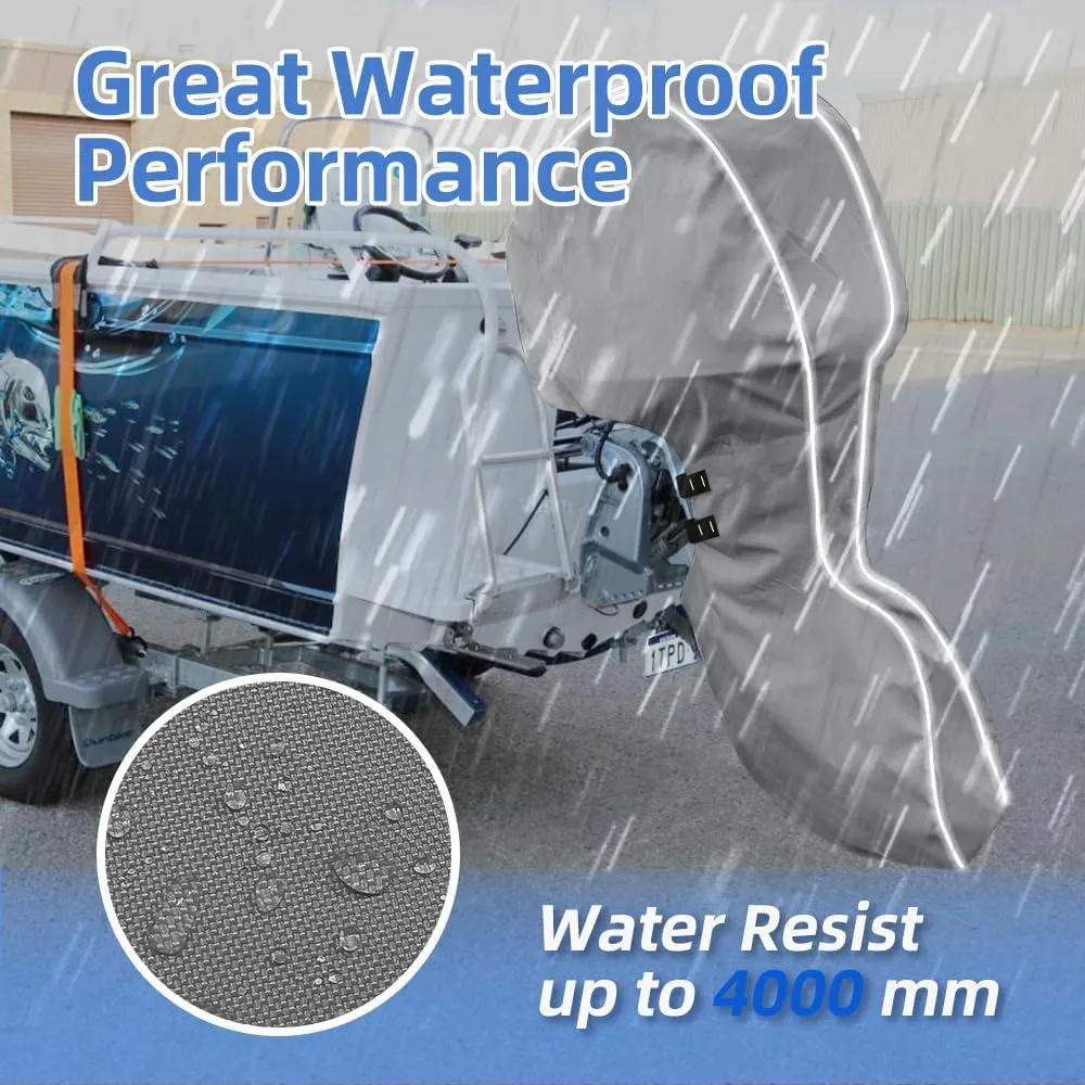 600D Fade and Tear Resistant Trailerable Outboard Motor Cover,Waterproof and UV-Proof Boat Motor Cover,Boat Engine Cover with Reflective Strips and Adjustable Strap Gray(Fits 175-220 HP)