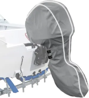 600D Fade and Tear Resistant Trailerable Outboard Motor Cover,Waterproof and UV-Proof Boat Motor Cover,Boat Engine Cover with Reflective Strips and Adjustable Strap Gray(Fits 175-220 HP)
