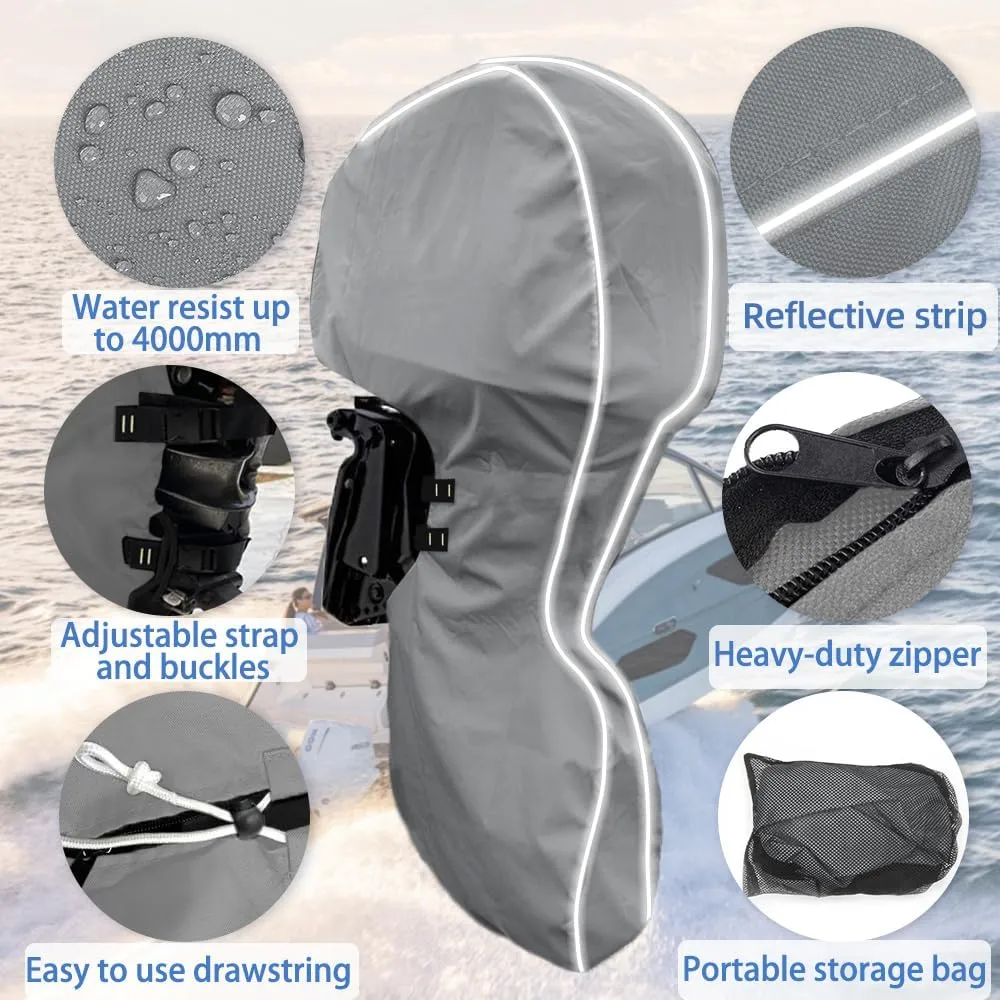 600D Fade and Tear Resistant Trailerable Outboard Motor Cover,Waterproof and UV-Proof Boat Motor Cover,Boat Engine Cover with Reflective Strips and Adjustable Strap Gray(Fits 175-220 HP)