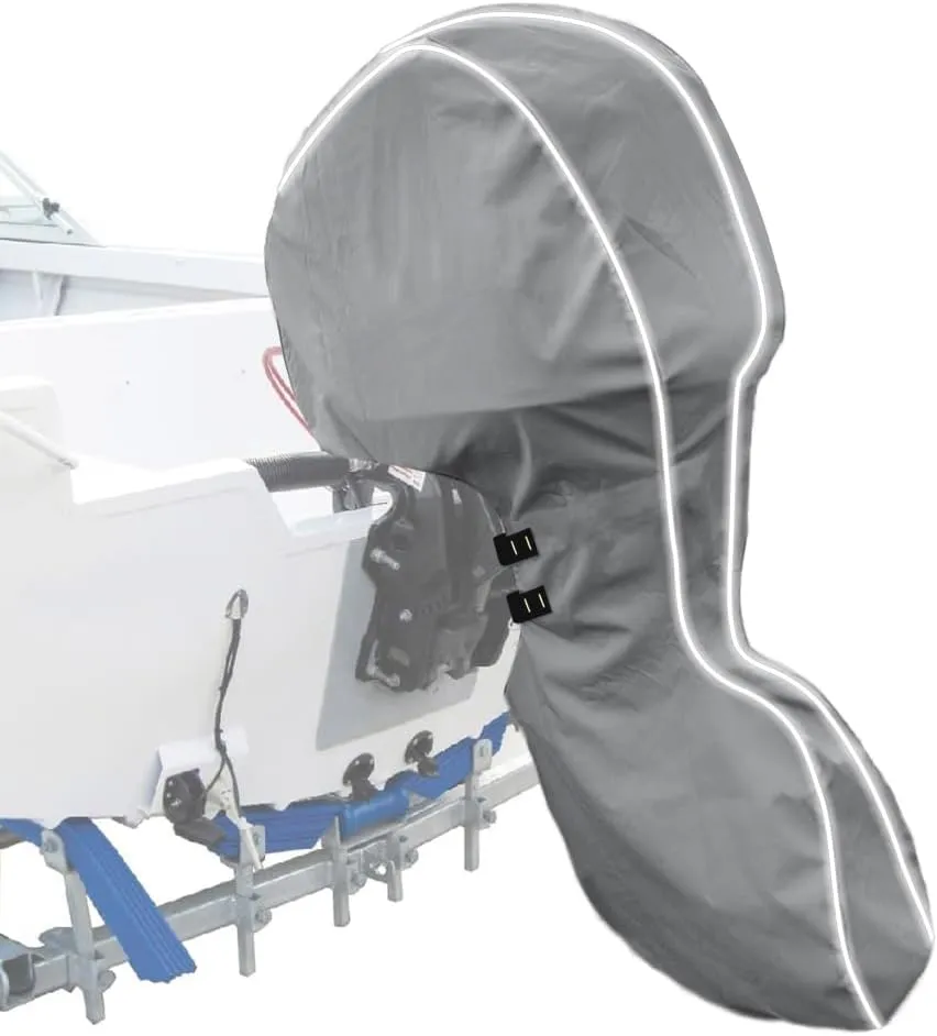 600D Fade and Tear Resistant Trailerable Outboard Motor Cover,Waterproof and UV-Proof Boat Motor Cover,Boat Engine Cover with Reflective Strips and Adjustable Strap Gray(Fits 175-220 HP)
