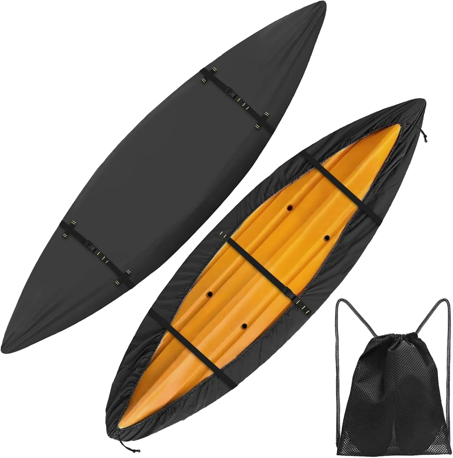 600D Kayak Cover,Heavy Duty Tear Resistant Canoe Cover, Waterproof & UV-Proof Trailerable Kayak Covers for Outdoor and Indoor Storage(Fits 12.3-13.5ft ）Black