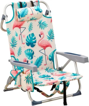 63*65*82cm Flamingo Pattern Aluminum Beach Chair, Outdoor Leisure Chair Camping Chair Folding Lightweight Beach Chair with Backrest Armrest Suitable for Garden Outdoor Camping Barbecue Travel Picnic