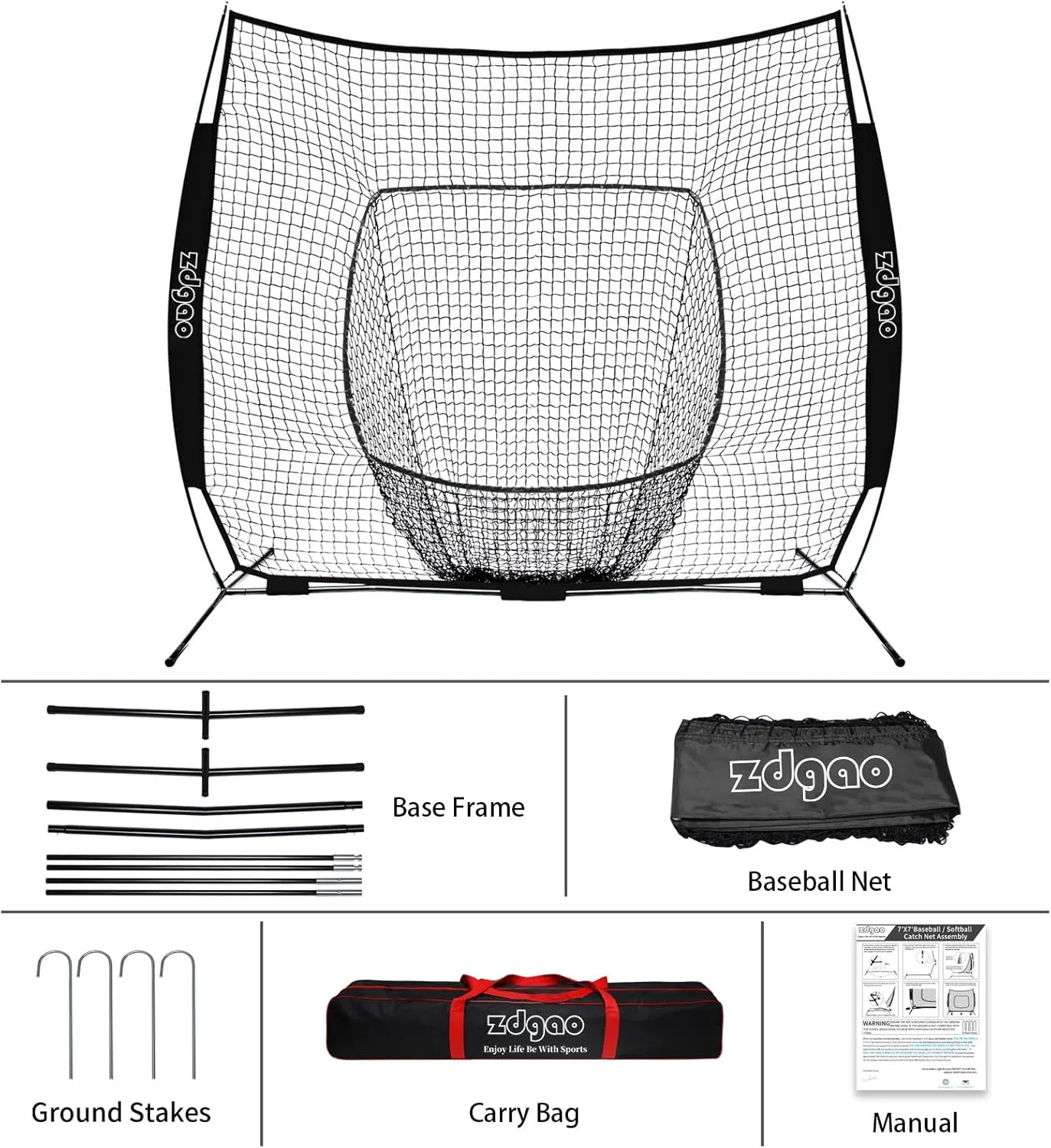 7×7ft Baseball Softball Practice Net- Portable Baseball Net for Batting, Hitting, Pitching Come with Carry Bag, Training for Players of Any Skill Level - Easy Setup