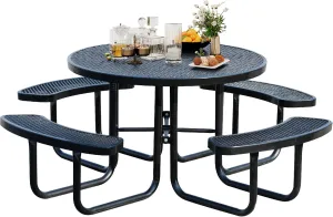 8-Person Picnic Tables for Outdoors, Industrial 46" Expanded Metal Round Picnic Table with 4 Benches & Umbrella Hole, Outside Table and Bench Set for Park, Garden, Backyard, Patio, Black