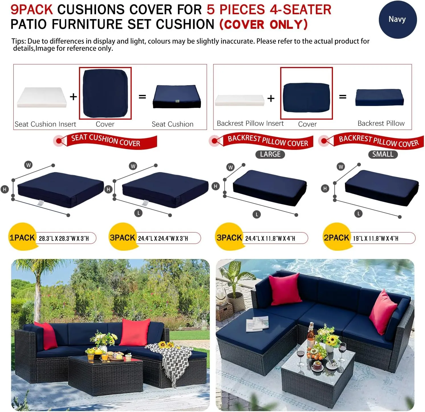 9 Pack Patio Cushion Covers Set Outdoor Furniture Cushion and Pillow Cover Replacement Fit for 5 Pieces 4-Seater Wicker Rattan Patio Sectional Sofa Chair Couch Set,Navy-Cover Only (Small)