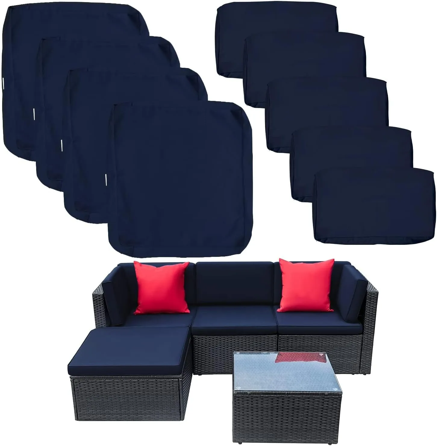 9 Pack Patio Cushion Covers Set Outdoor Furniture Cushion and Pillow Cover Replacement Fit for 5 Pieces 4-Seater Wicker Rattan Patio Sectional Sofa Chair Couch Set,Navy-Cover Only (Small)