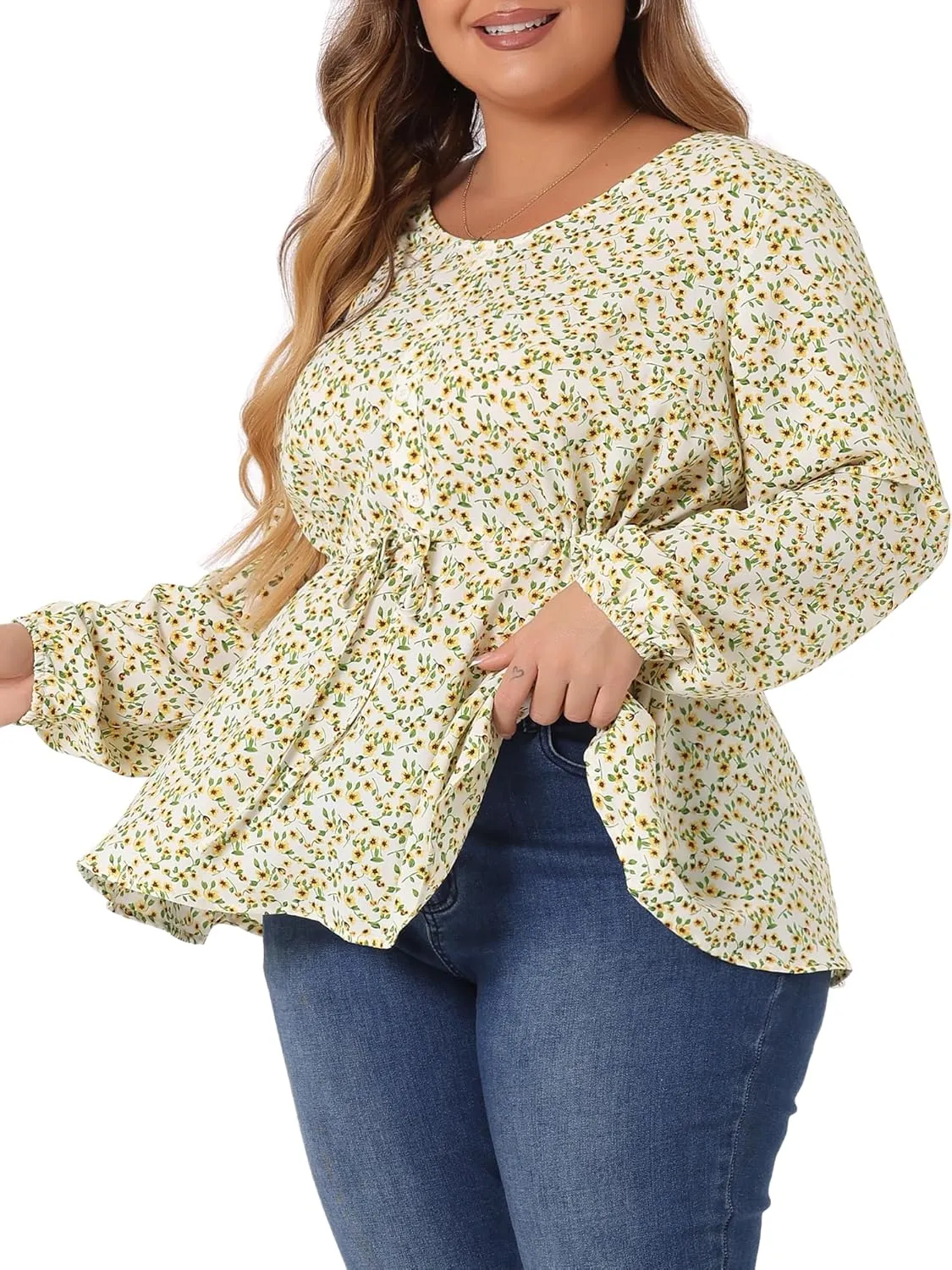 Agnes Orinda Plus Size Blouses for Women Floral Print Long Sleeves Belt Tie Ruffle Casual Peplum Top Shirts