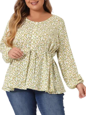 Agnes Orinda Plus Size Blouses for Women Floral Print Long Sleeves Belt Tie Ruffle Casual Peplum Top Shirts