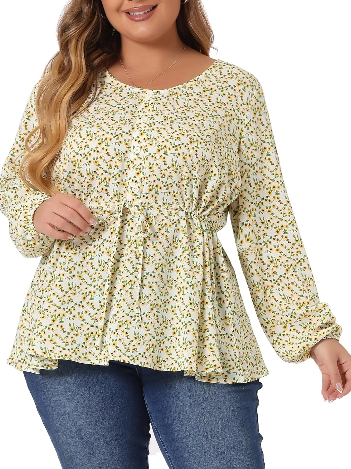 Agnes Orinda Plus Size Blouses for Women Floral Print Long Sleeves Belt Tie Ruffle Casual Peplum Top Shirts