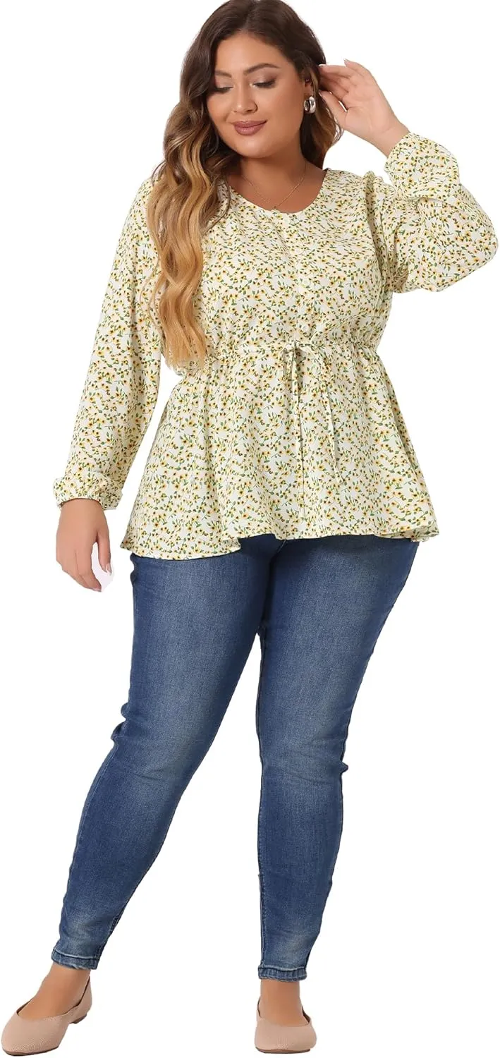 Agnes Orinda Plus Size Blouses for Women Floral Print Long Sleeves Belt Tie Ruffle Casual Peplum Top Shirts
