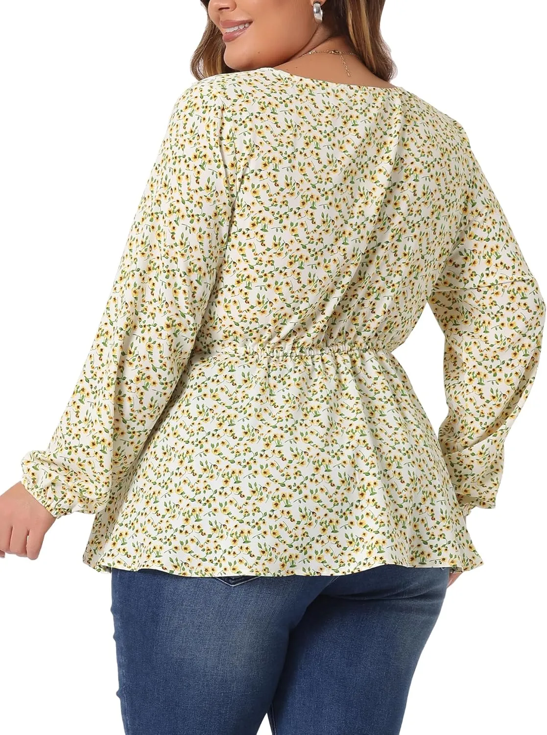 Agnes Orinda Plus Size Blouses for Women Floral Print Long Sleeves Belt Tie Ruffle Casual Peplum Top Shirts