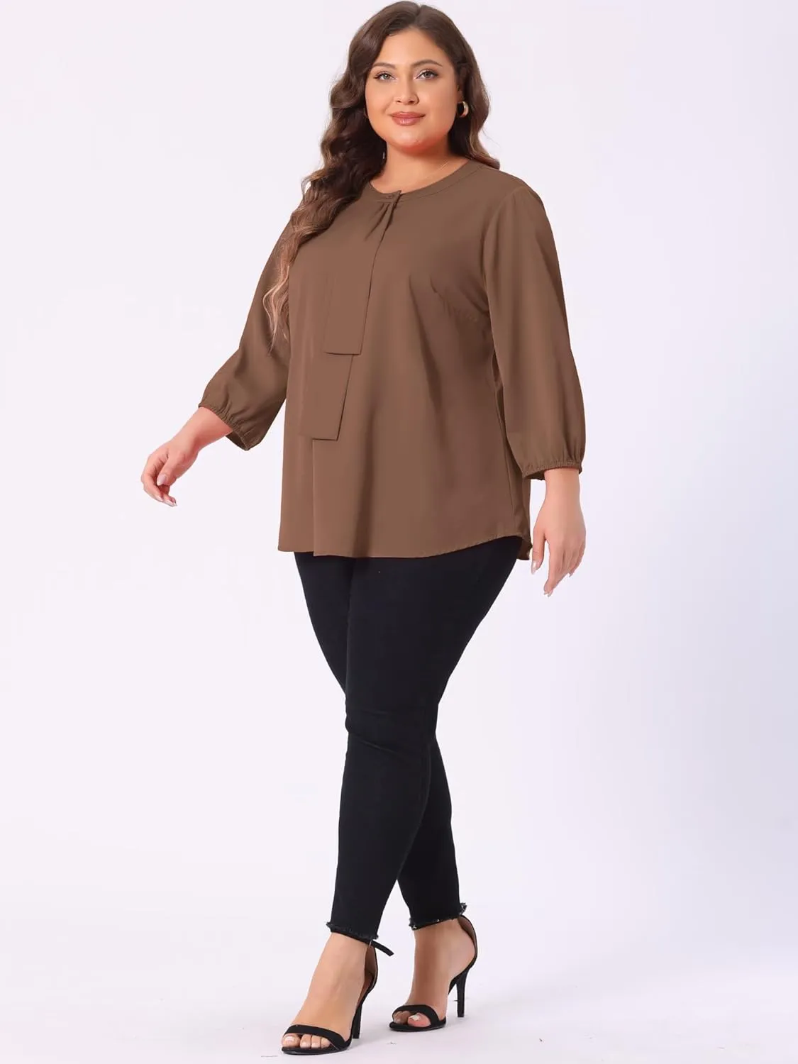 Agnes Orinda Women's Plus Size Tops Work Round Neck Ruffle Chiffon Blouse Office Top