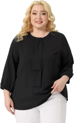 Agnes Orinda Women's Plus Size Tops Work Round Neck Ruffle Chiffon Blouse Office Top