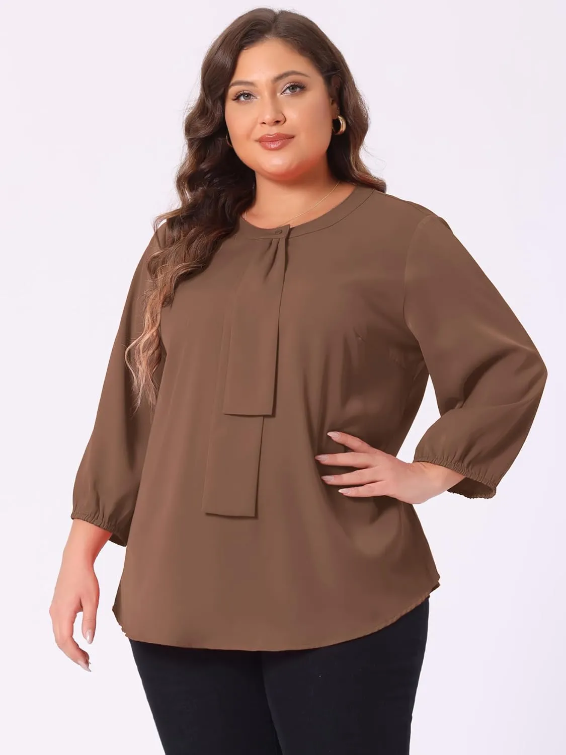 Agnes Orinda Women's Plus Size Tops Work Round Neck Ruffle Chiffon Blouse Office Top