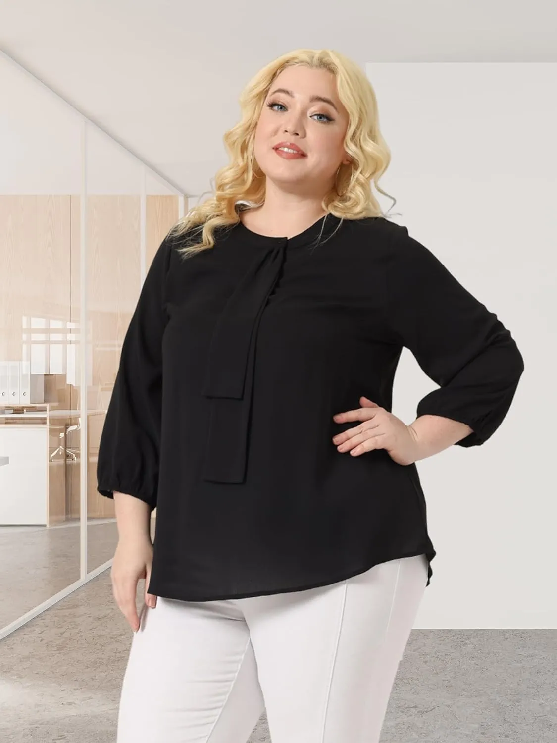 Agnes Orinda Women's Plus Size Tops Work Round Neck Ruffle Chiffon Blouse Office Top