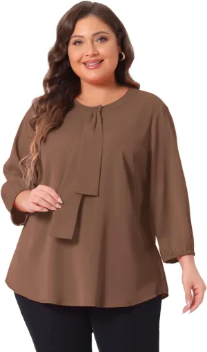 Agnes Orinda Women's Plus Size Tops Work Round Neck Ruffle Chiffon Blouse Office Top