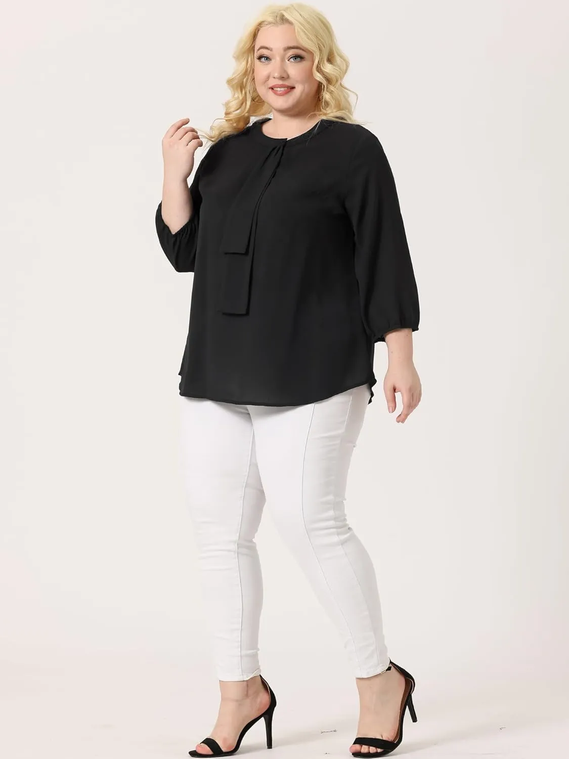 Agnes Orinda Women's Plus Size Tops Work Round Neck Ruffle Chiffon Blouse Office Top