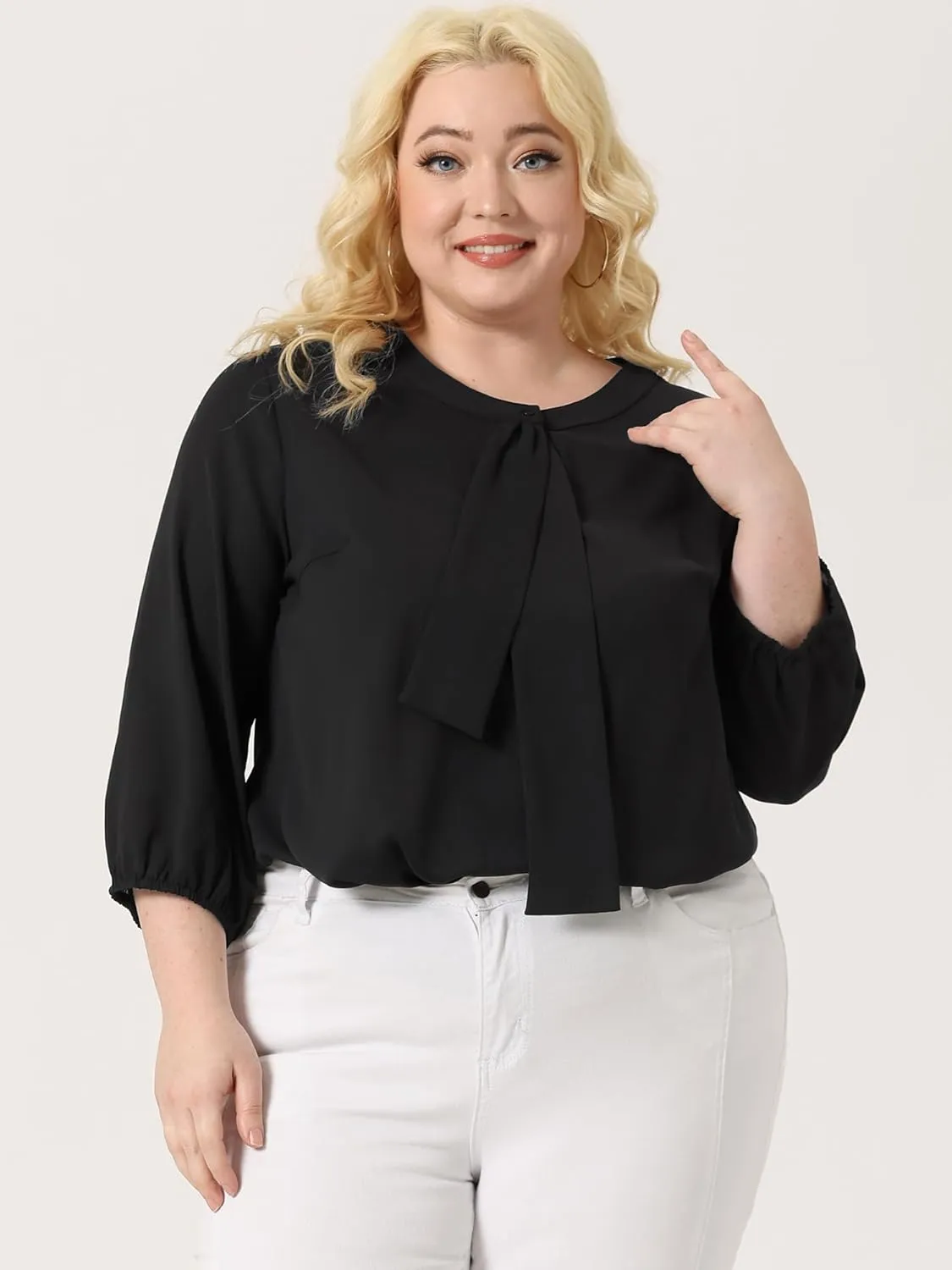 Agnes Orinda Women's Plus Size Tops Work Round Neck Ruffle Chiffon Blouse Office Top