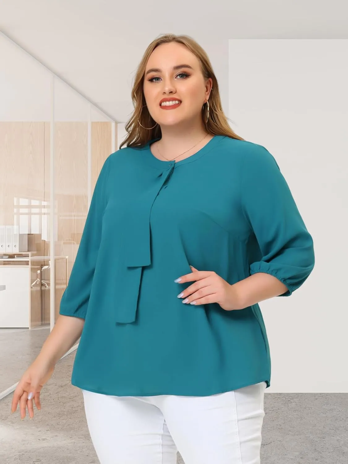 Agnes Orinda Women's Plus Size Tops Work Round Neck Ruffle Chiffon Blouse Office Top