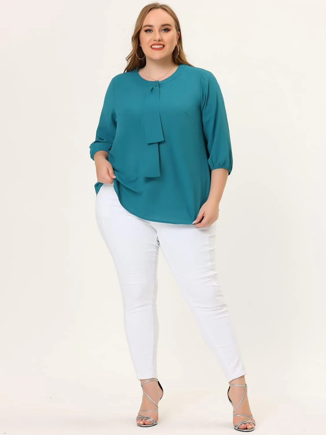 Agnes Orinda Women's Plus Size Tops Work Round Neck Ruffle Chiffon Blouse Office Top