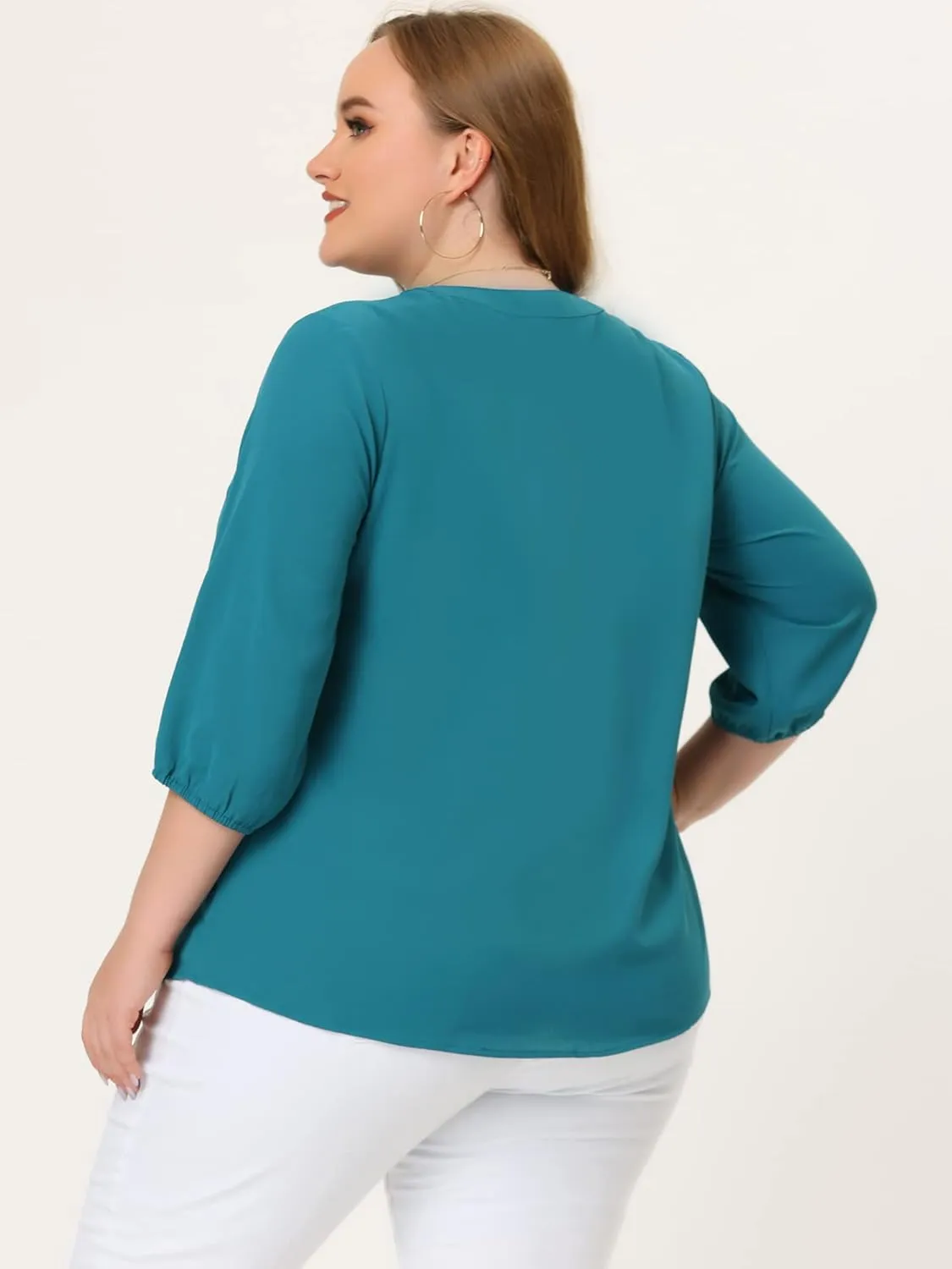Agnes Orinda Women's Plus Size Tops Work Round Neck Ruffle Chiffon Blouse Office Top