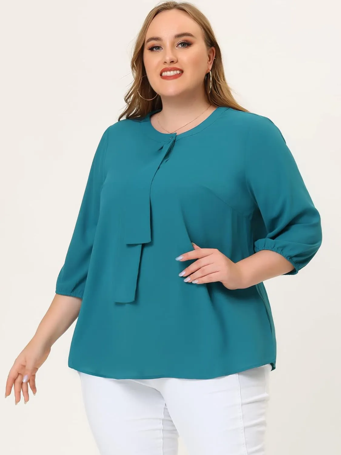 Agnes Orinda Women's Plus Size Tops Work Round Neck Ruffle Chiffon Blouse Office Top